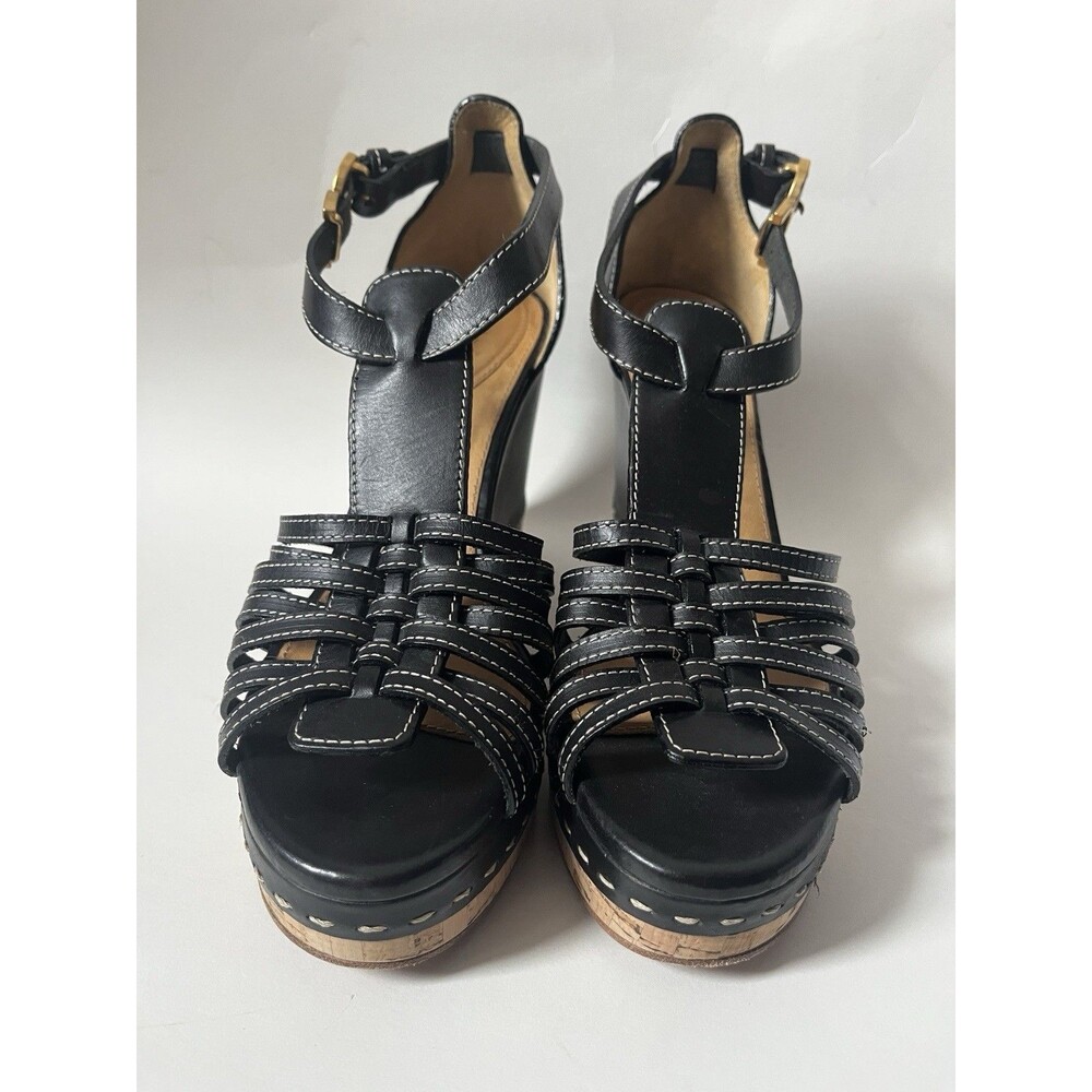 Chloe Cork Wedge Sandals Black Leather Gladiator Heels Size 40 9.5B w Box